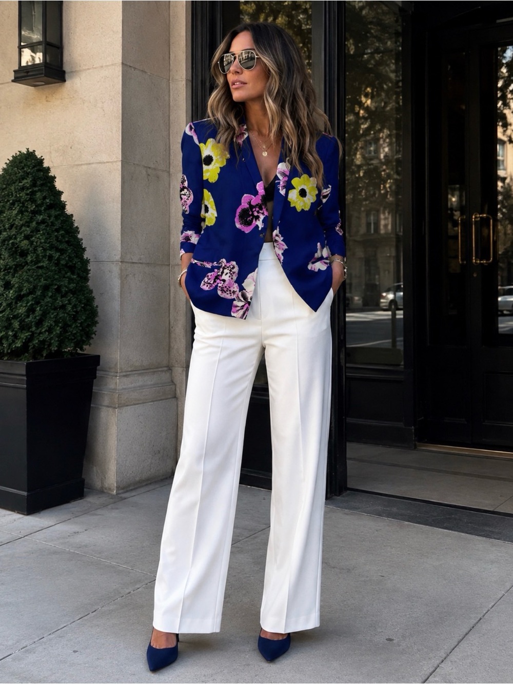 J. Crew Navy Floral Blazer with Yellow & Pink Flowers